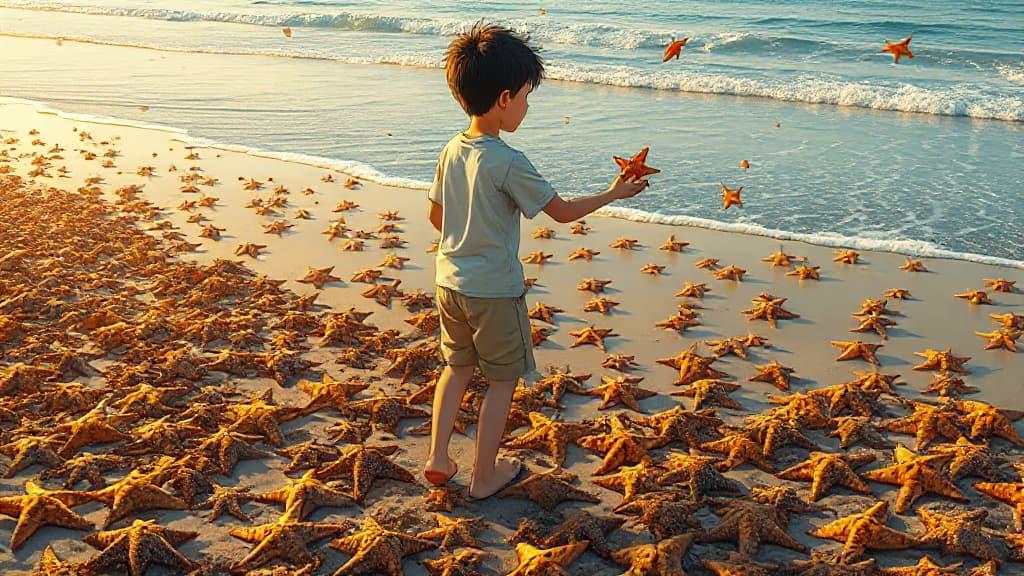 Child tossing starfish into the ocean on a beach